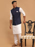 Vastramay Men's Navy Blue Solid Cotton Nehru Jacket With White Kurta And Pyjama Set